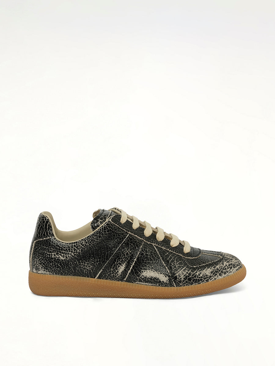 Replica Crackling Leather Sneaker in Black/White Side View | MAISON MARGIELA