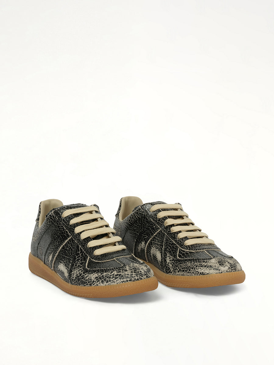 Replica Crackling Leather Sneaker in Black/White Front View | MAISON MARGIELA