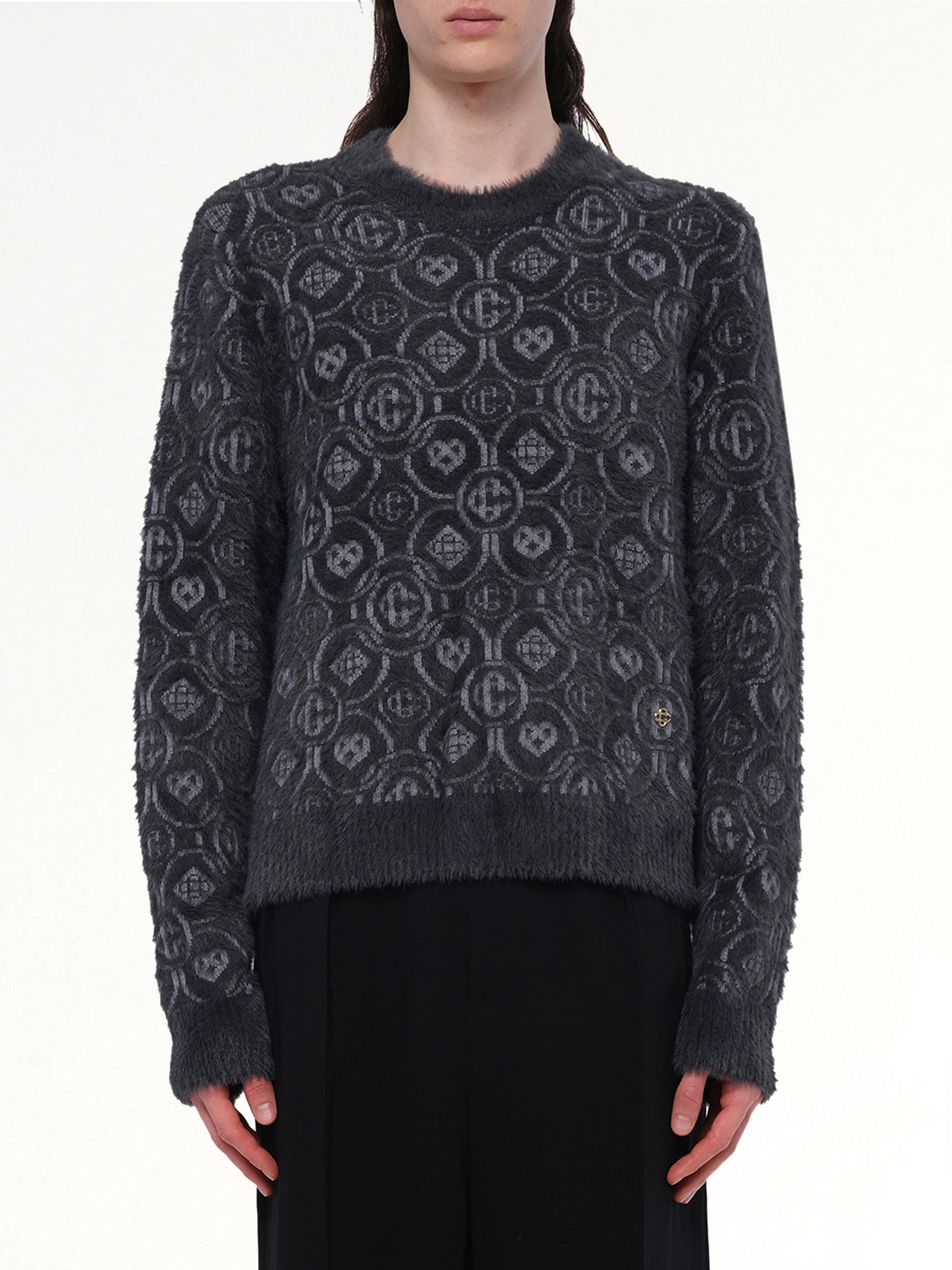Fluffy Monogram Knit Sweater in Grey
