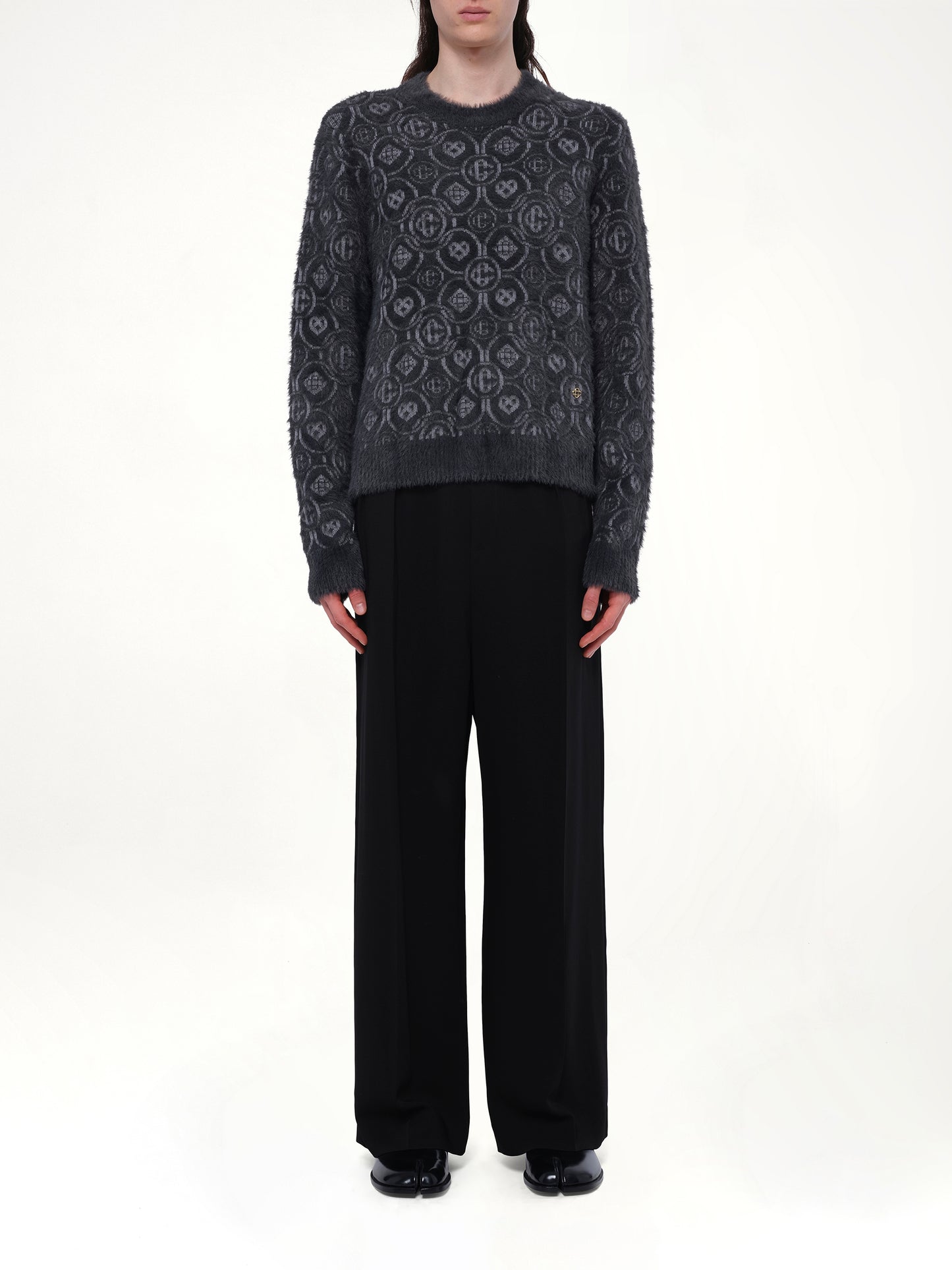 Fluffy Monogram Knit Sweater in Grey