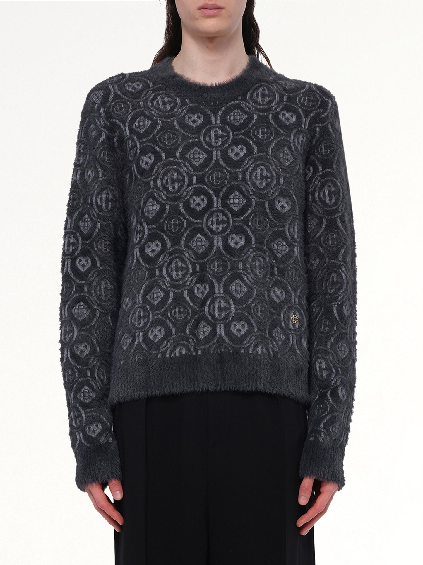 Fluffy Monogram Knit Sweater in Grey