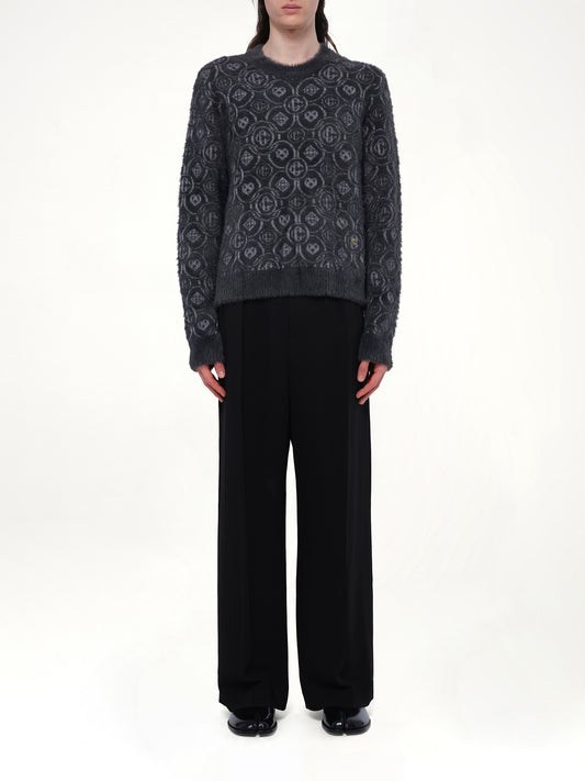 Fluffy Monogram Knit Sweater in Grey