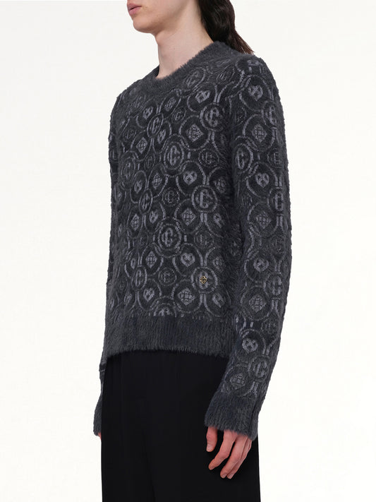 Fluffy Monogram Knit Sweater in Grey