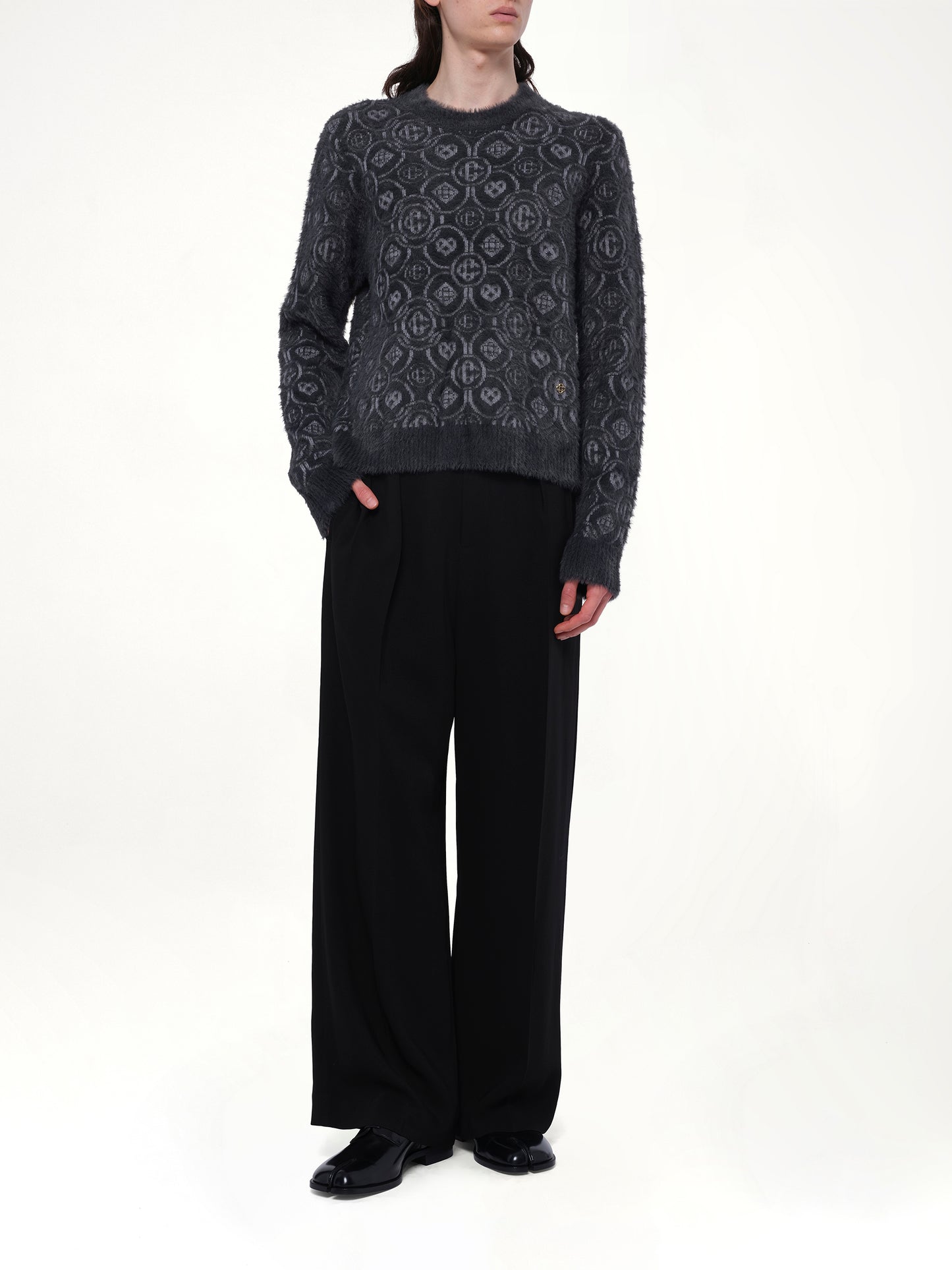 Fluffy Monogram Knit Sweater in Grey