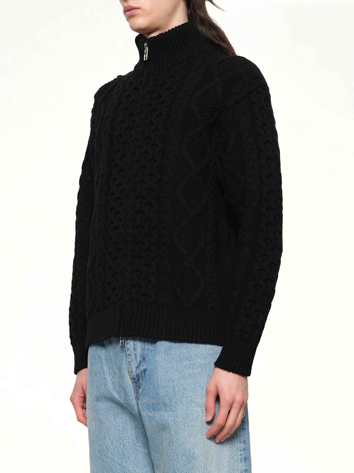 Cable Knit Zip Up in Black