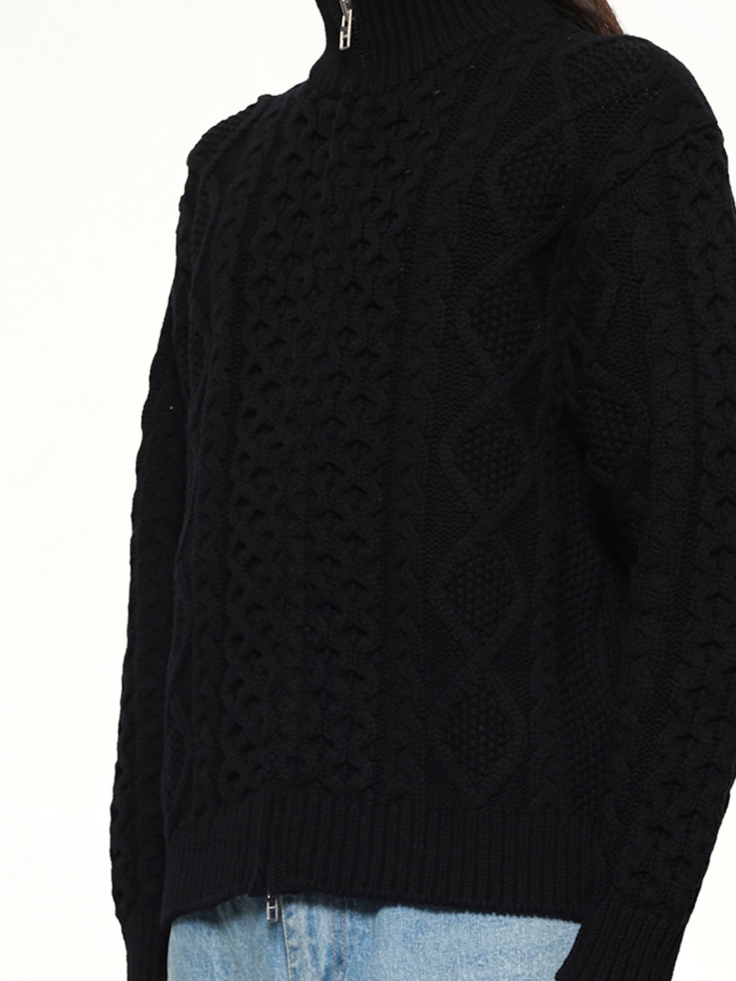 Cable Knit Zip Up in Black