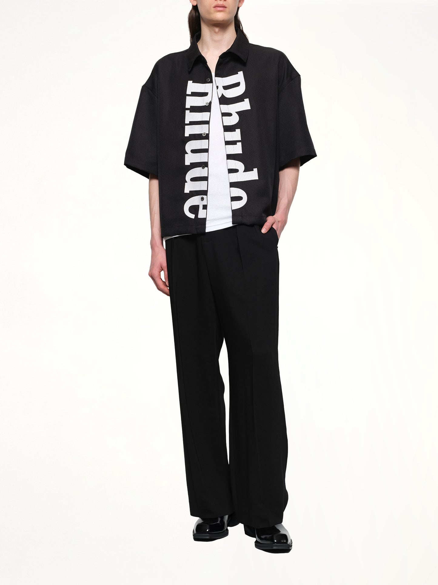 Center Logo Button Up Shirt in Black/White