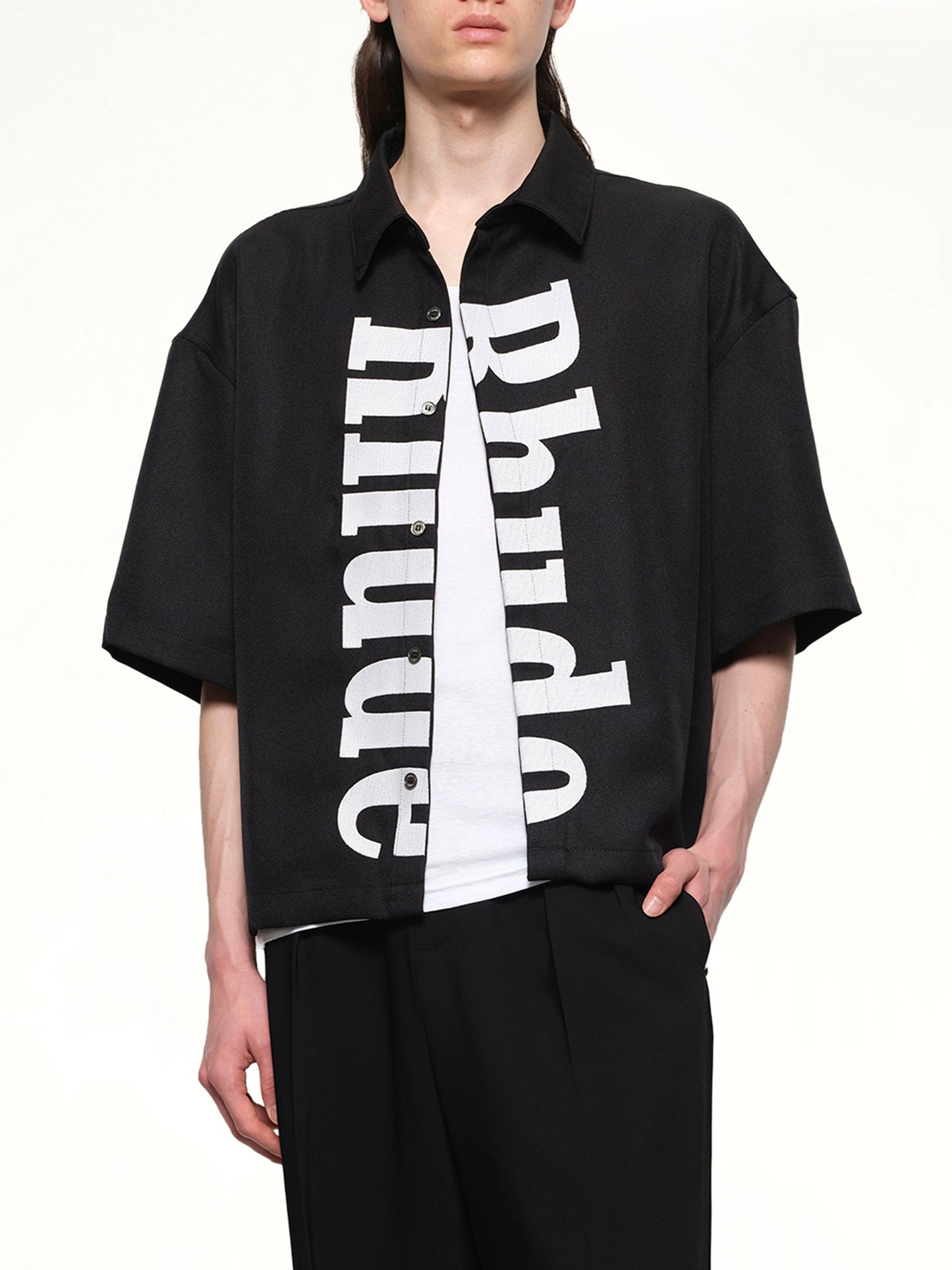 Center Logo Button Up Shirt in Black/White