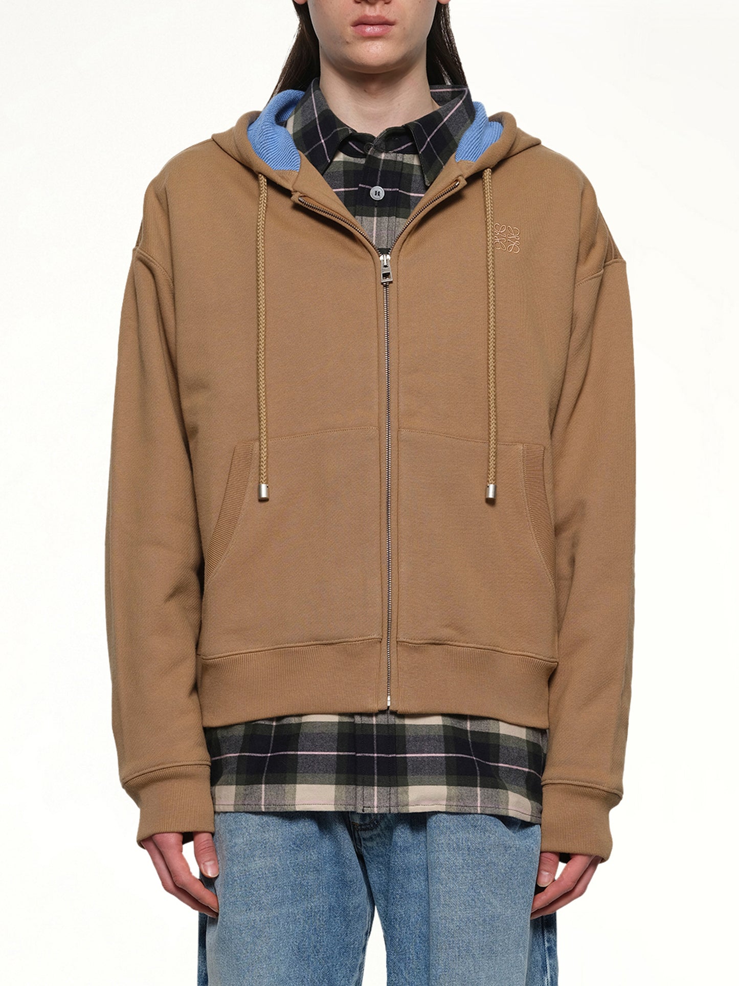 Zip-Up Hoodie in Beige/Blue