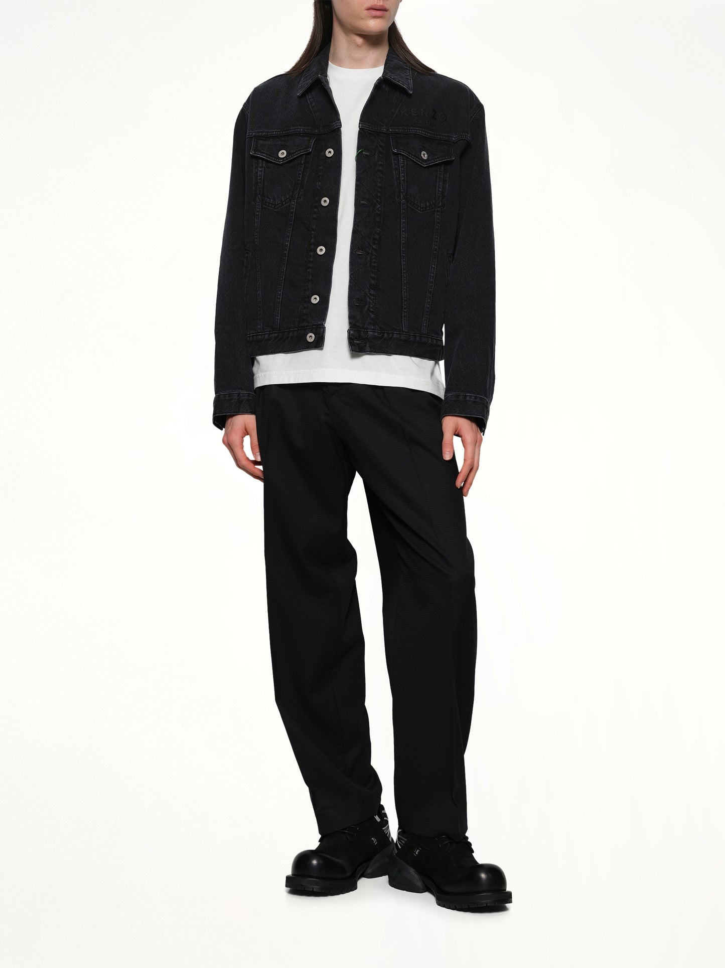 Boke Flower Trucker Jacket in Stone Bleached Black Denim