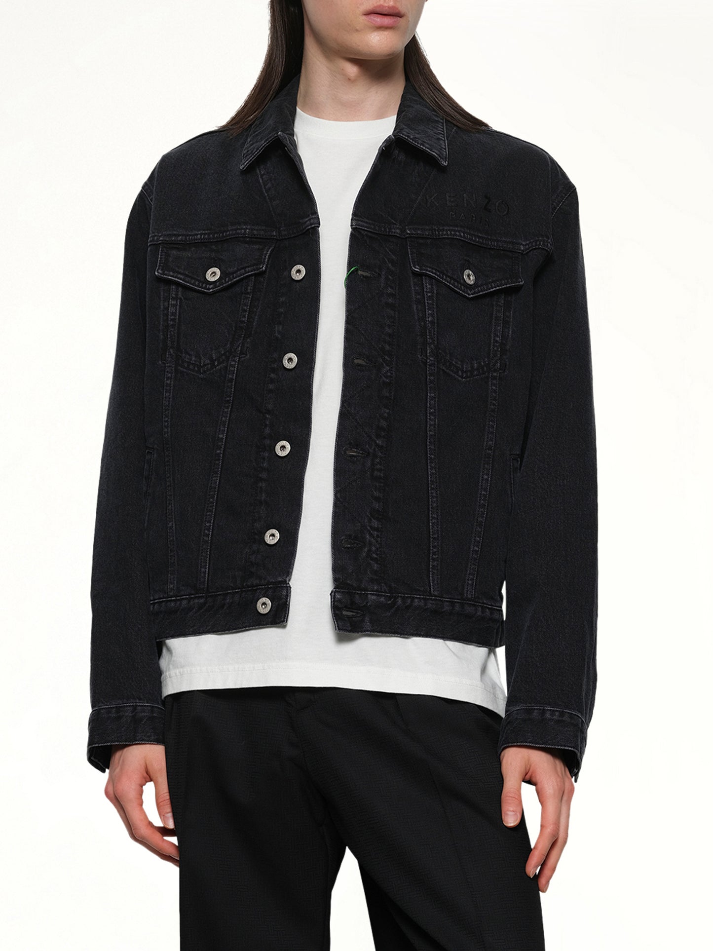 Boke Flower Trucker Jacket in Stone Bleached Black Denim