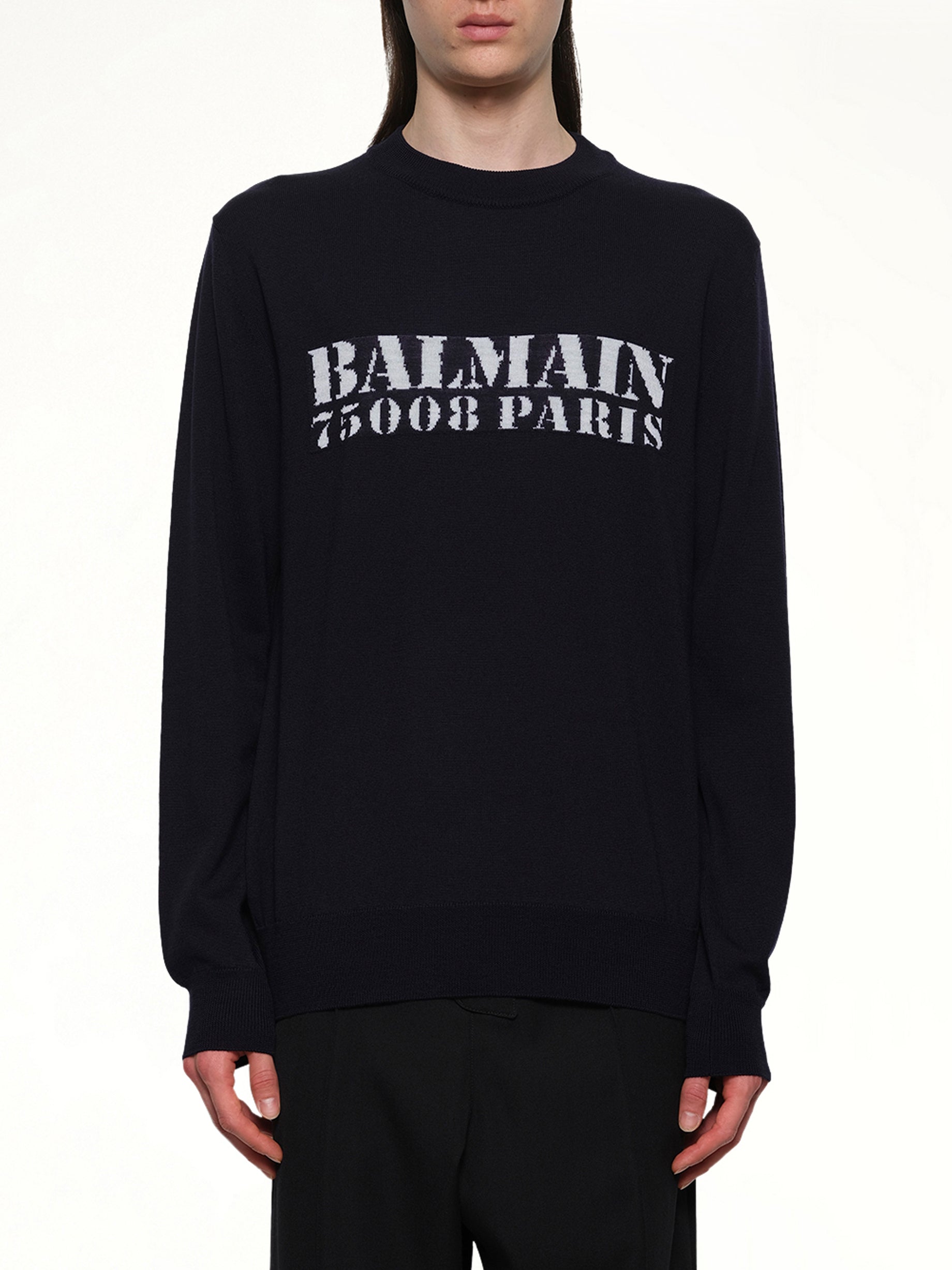 Balmain Big Stamp Knit Sweater in Navy/White