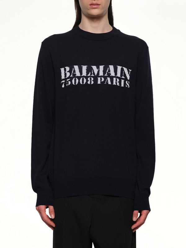 Balmain Big Stamp Knit Sweater in Navy/White