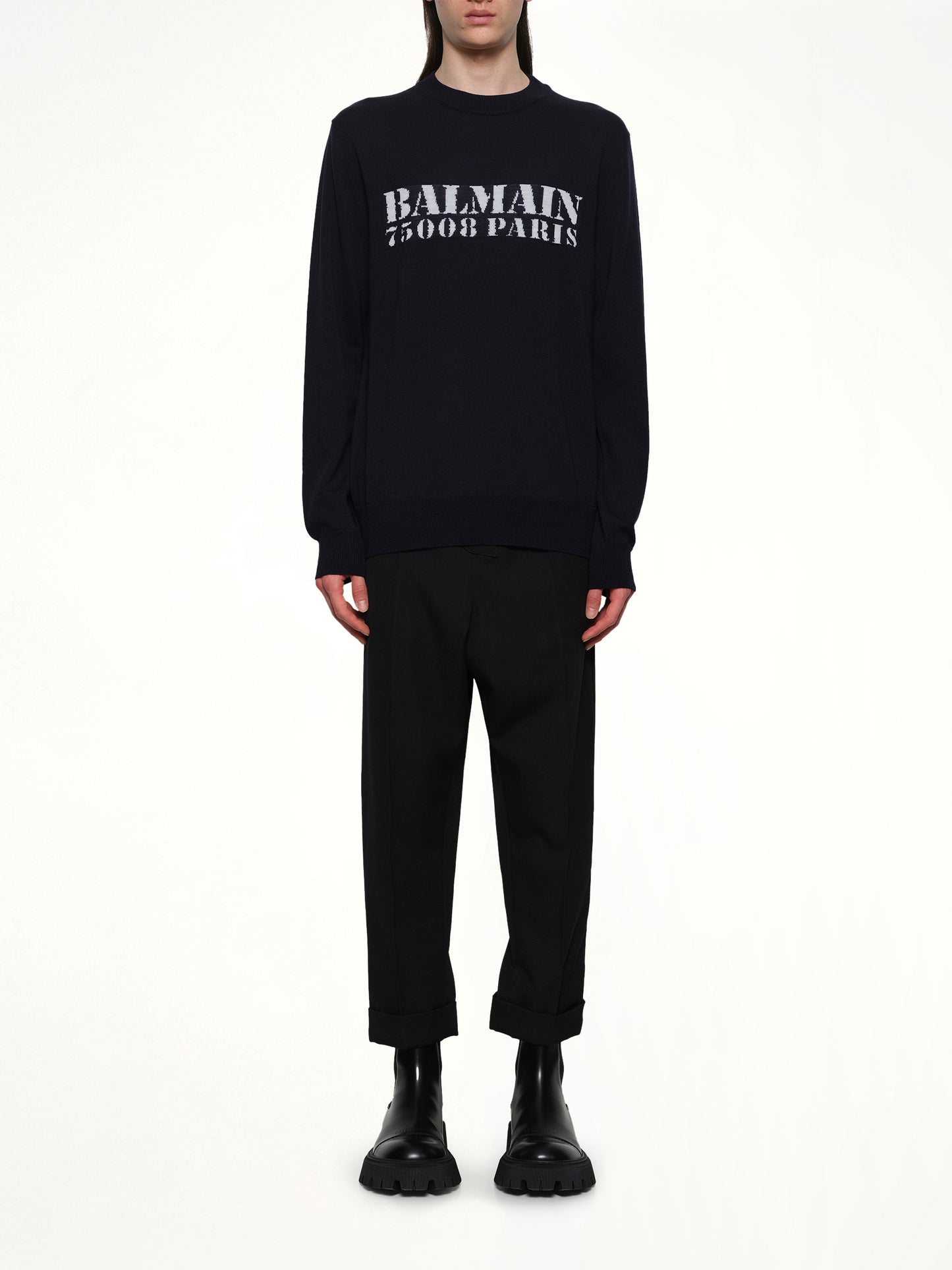 Balmain Big Stamp Knit Sweater in Navy/White