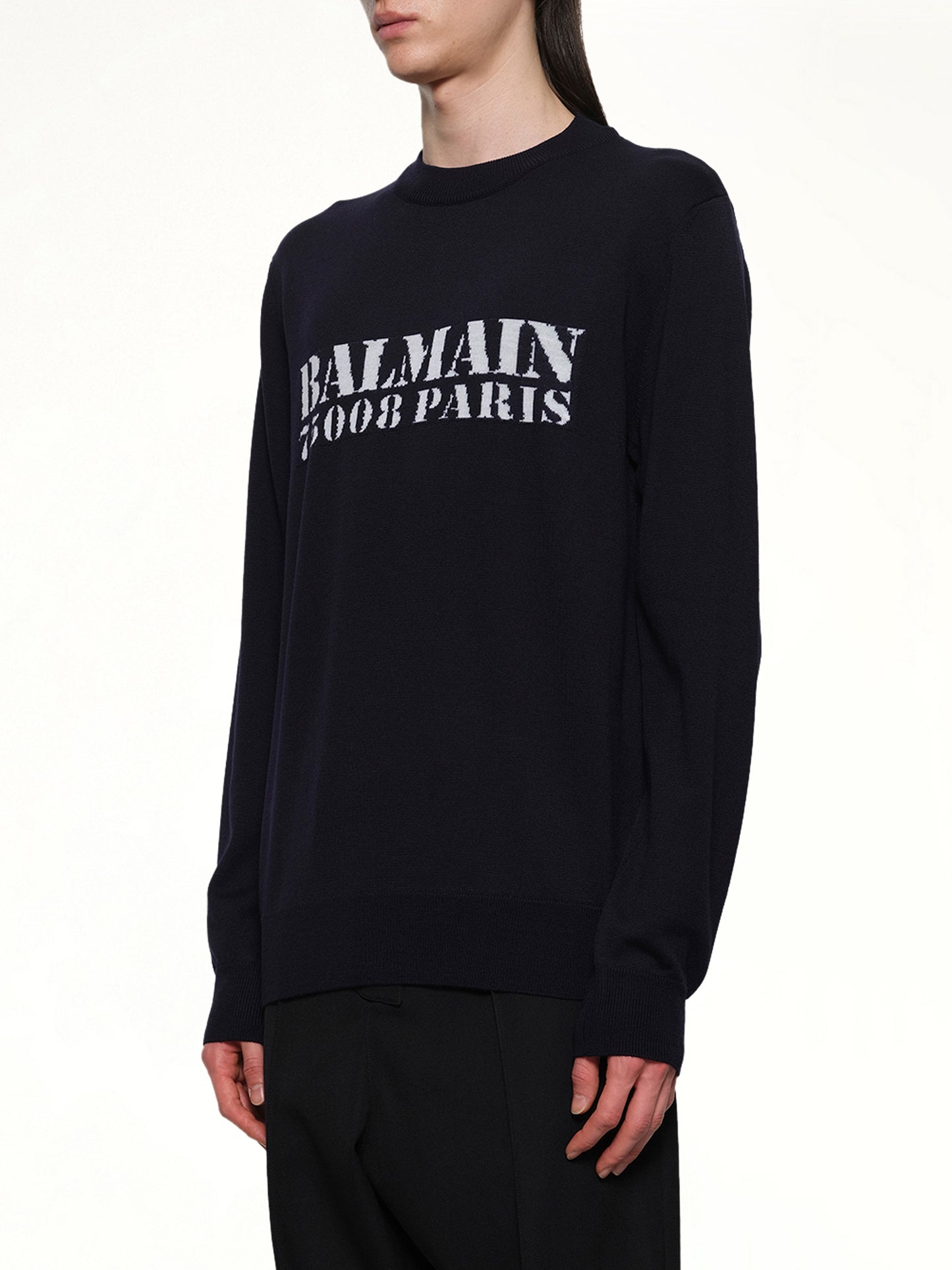 Balmain Big Stamp Knit Sweater in Navy/White