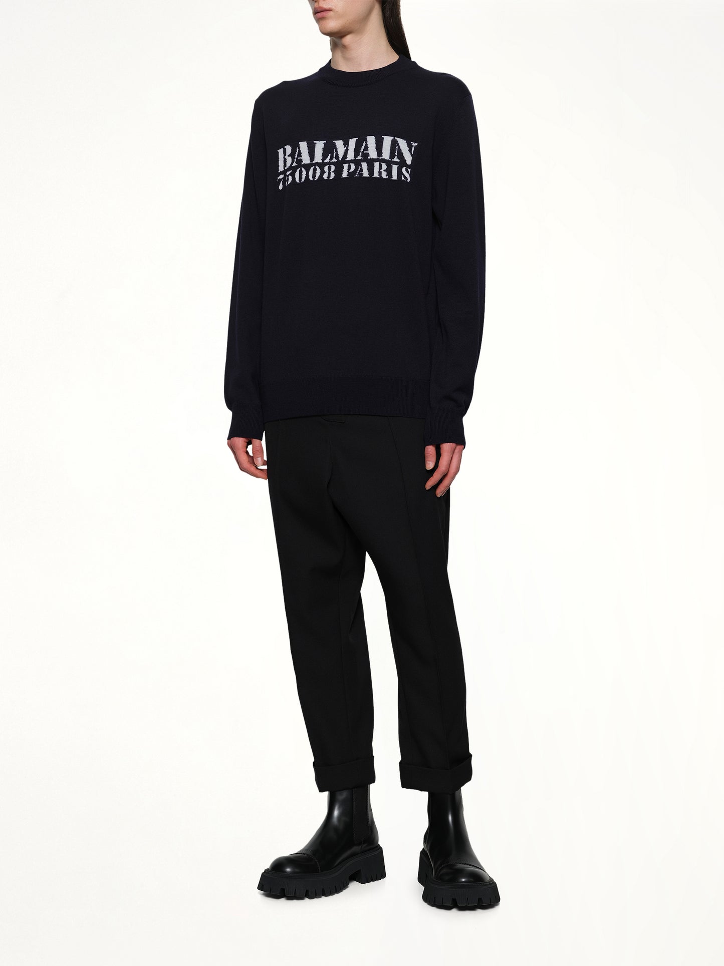 Balmain Big Stamp Knit Sweater in Navy/White