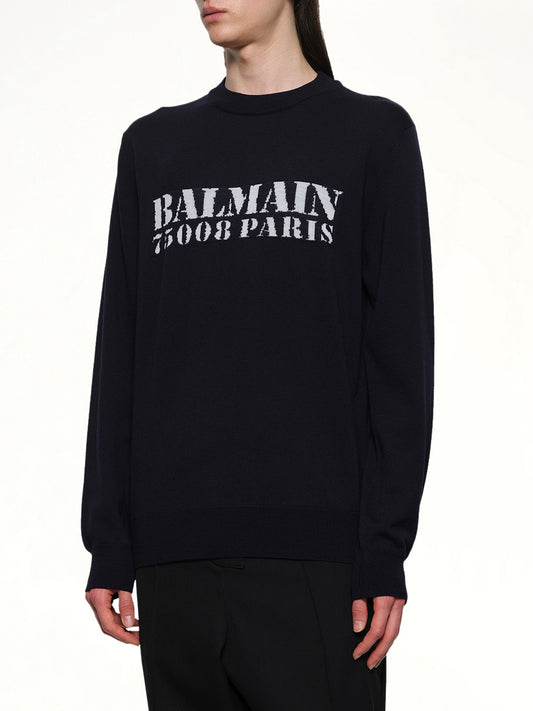 Balmain Big Stamp Knit Sweater in Navy/White