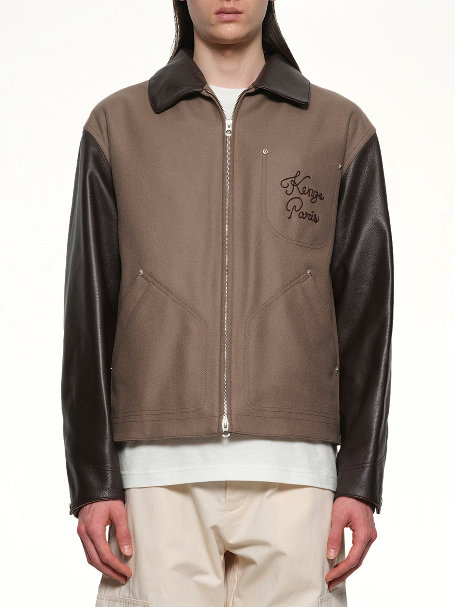 Kenzo Paris Chainstitch Leather Wool Blouson in Taupe