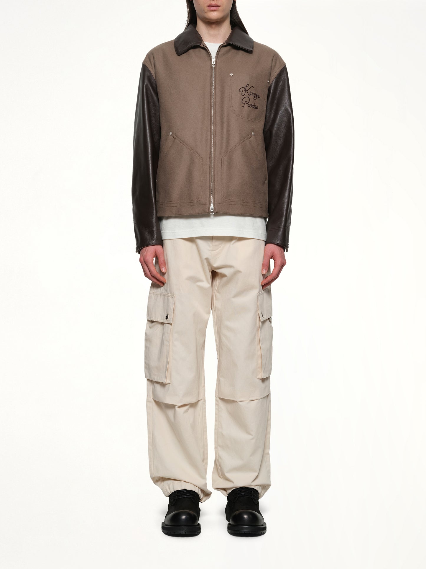 Kenzo Paris Chainstitch Leather Wool Blouson in Taupe