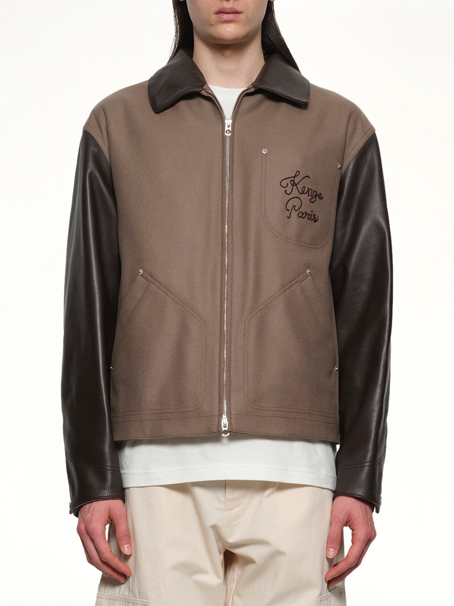 Kenzo Paris Chainstitch Leather Wool Blouson in Taupe