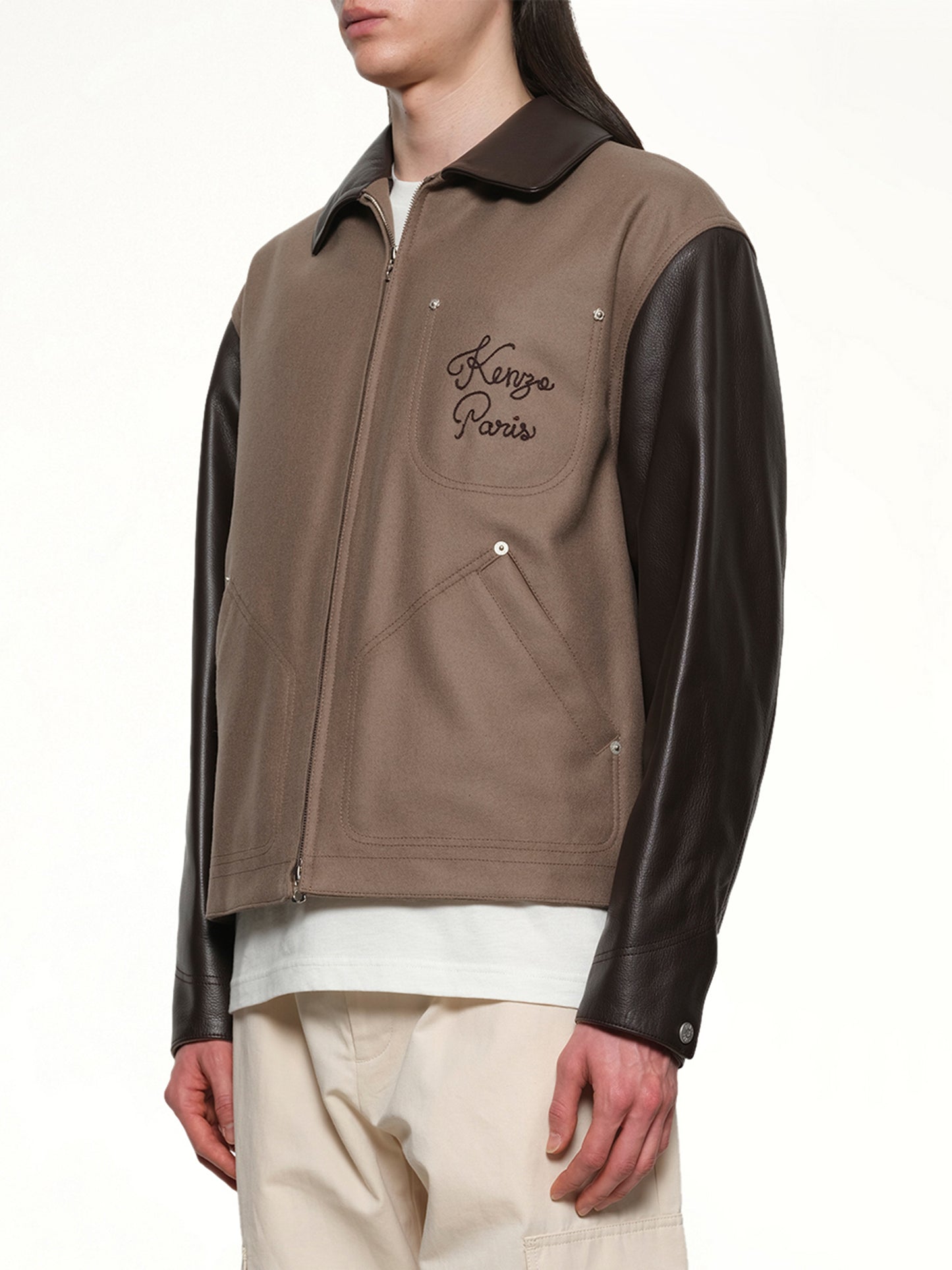 Kenzo Paris Chainstitch Leather Wool Blouson in Taupe
