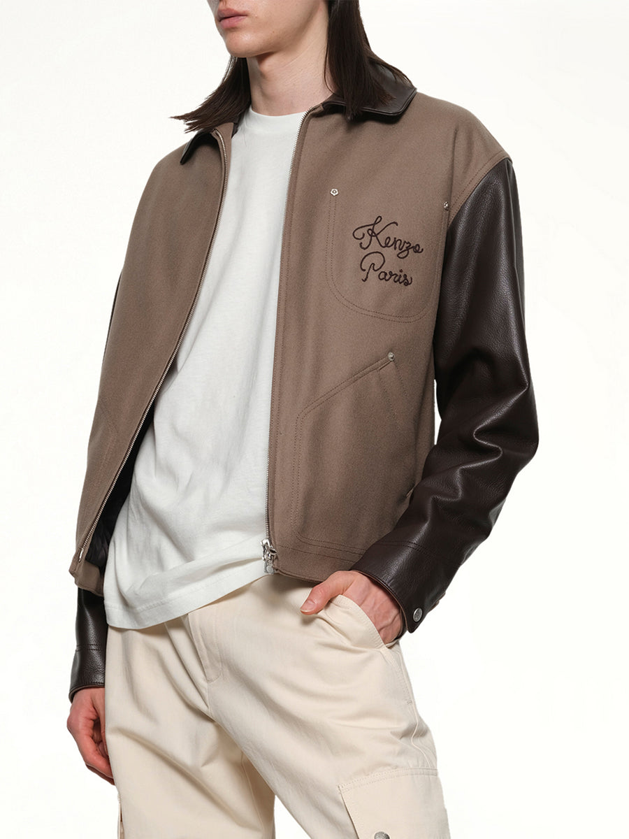 Kenzo Paris Chainstitch Leather Wool Blouson in Taupe