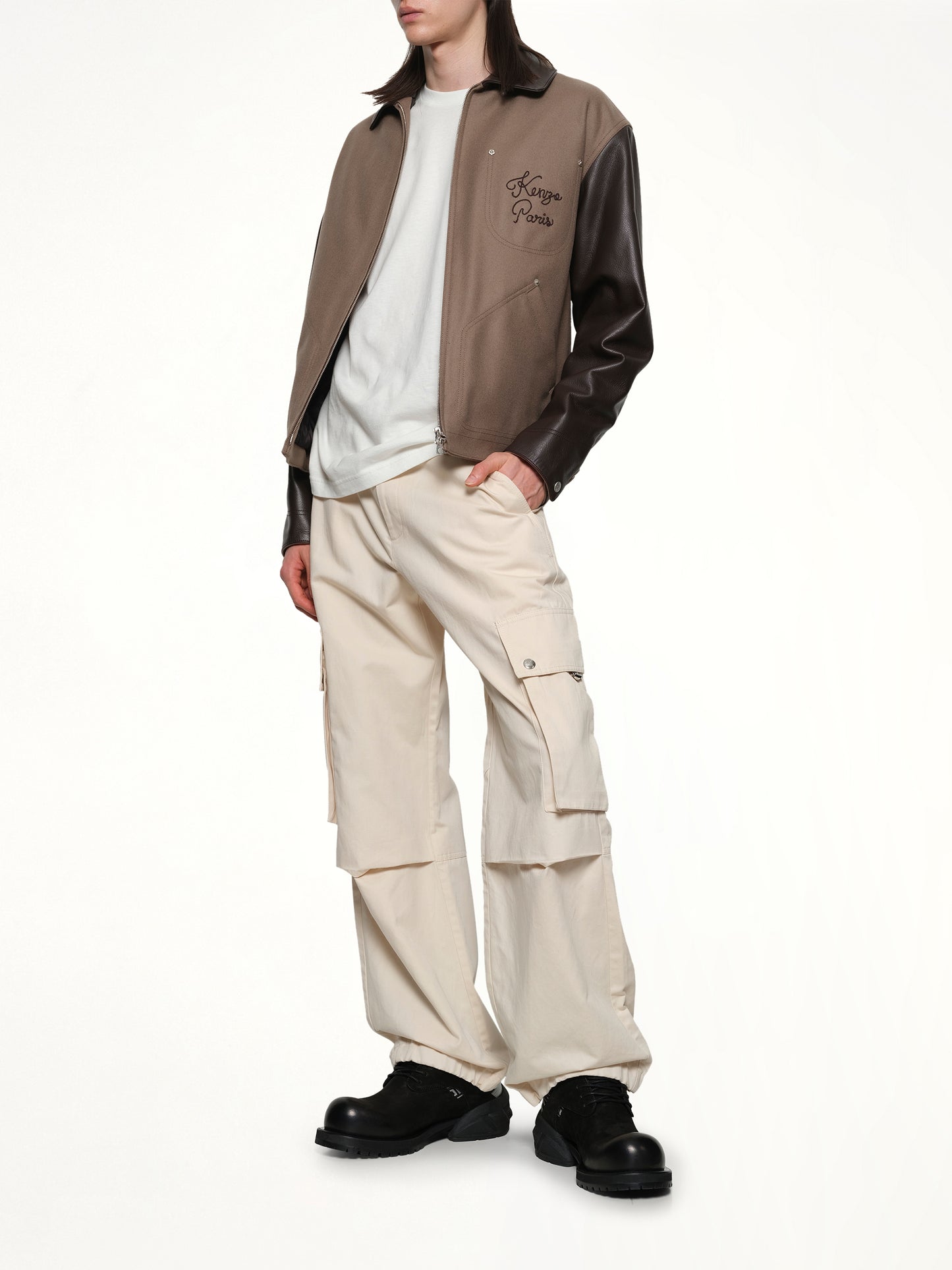 Kenzo Paris Chainstitch Leather Wool Blouson in Taupe