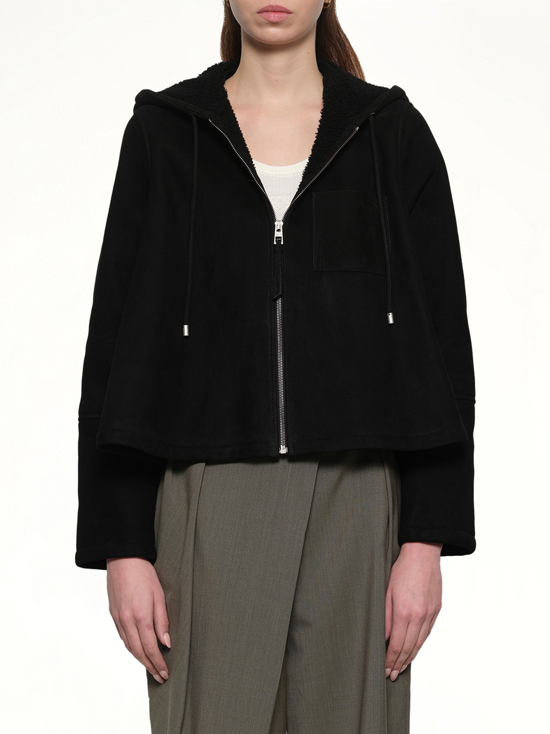 Hooded Shearling Jacket in Black