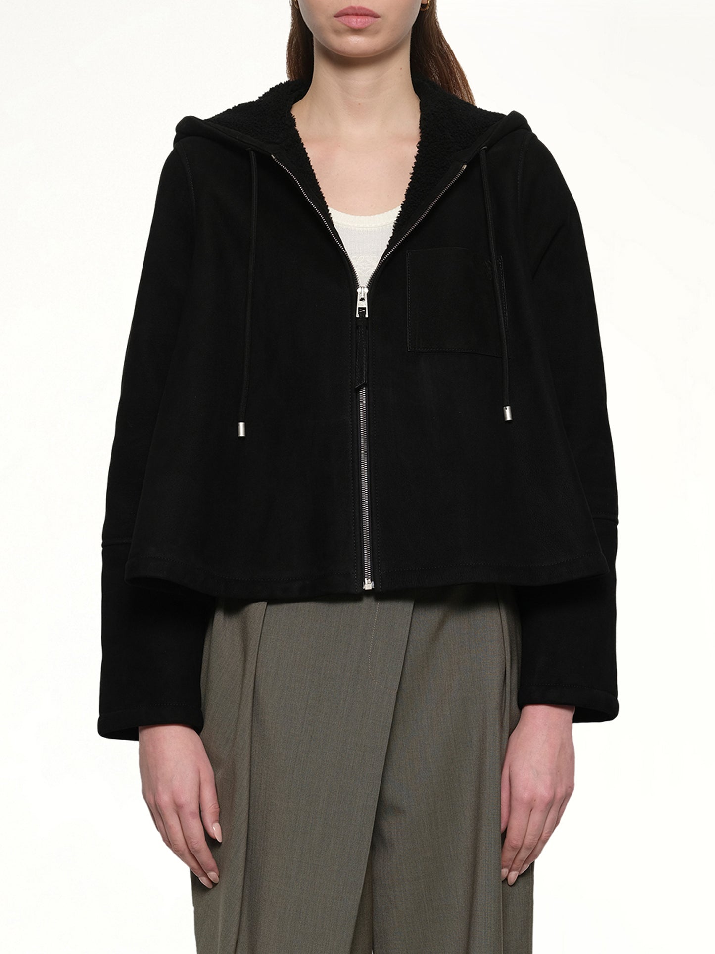 Hooded Shearling Jacket in Black