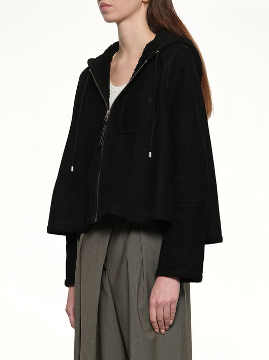 Hooded Shearling Jacket in Black