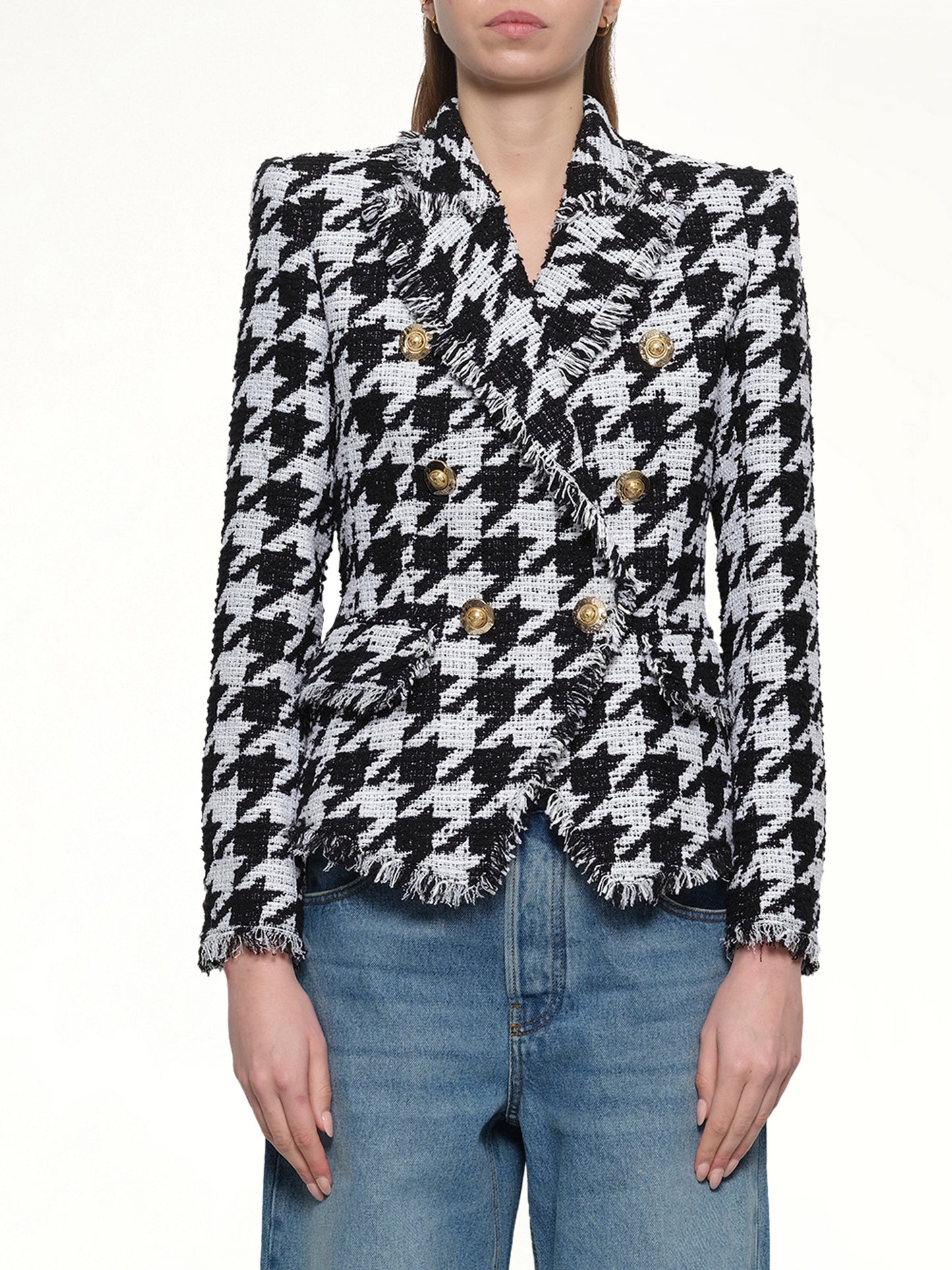 6 Buttons Fitted Tweed Jacket in White/Black