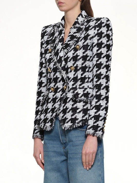 6 Buttons Fitted Tweed Jacket in White/Black