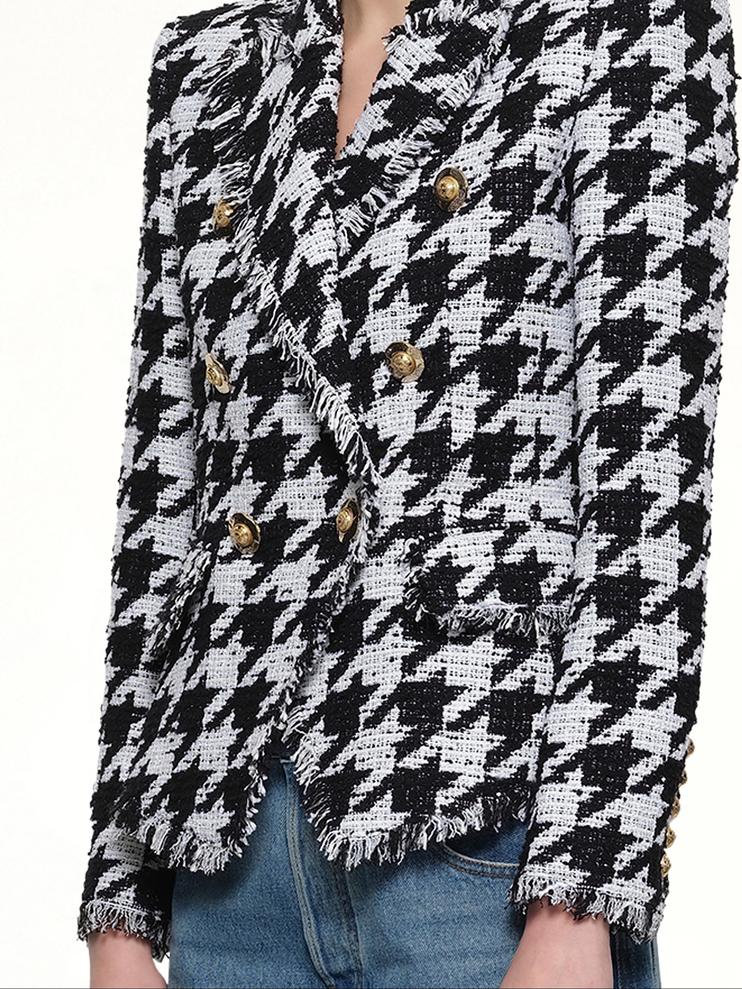 6 Buttons Fitted Tweed Jacket in White/Black