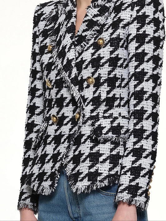 6 Buttons Fitted Tweed Jacket in White/Black