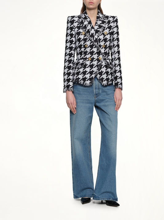 6 Buttons Fitted Tweed Jacket in White/Black