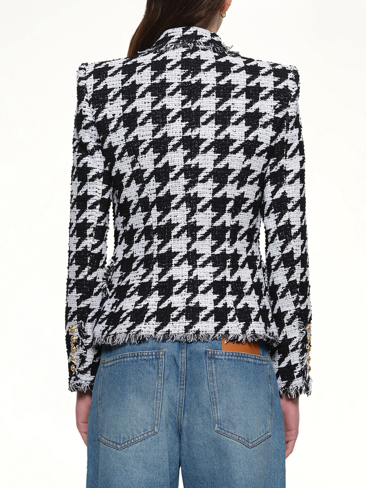 6 Buttons Fitted Tweed Jacket in White/Black