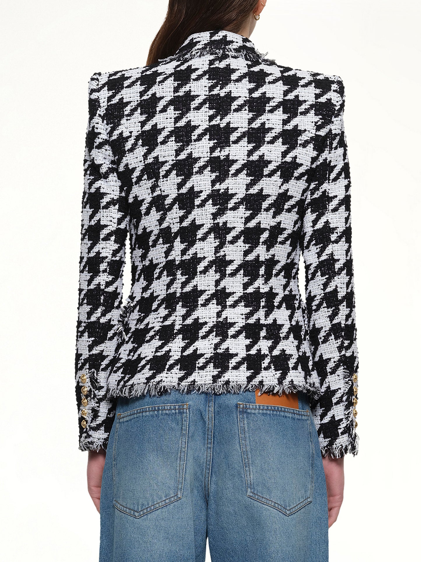 6 Buttons Fitted Tweed Jacket in White/Black