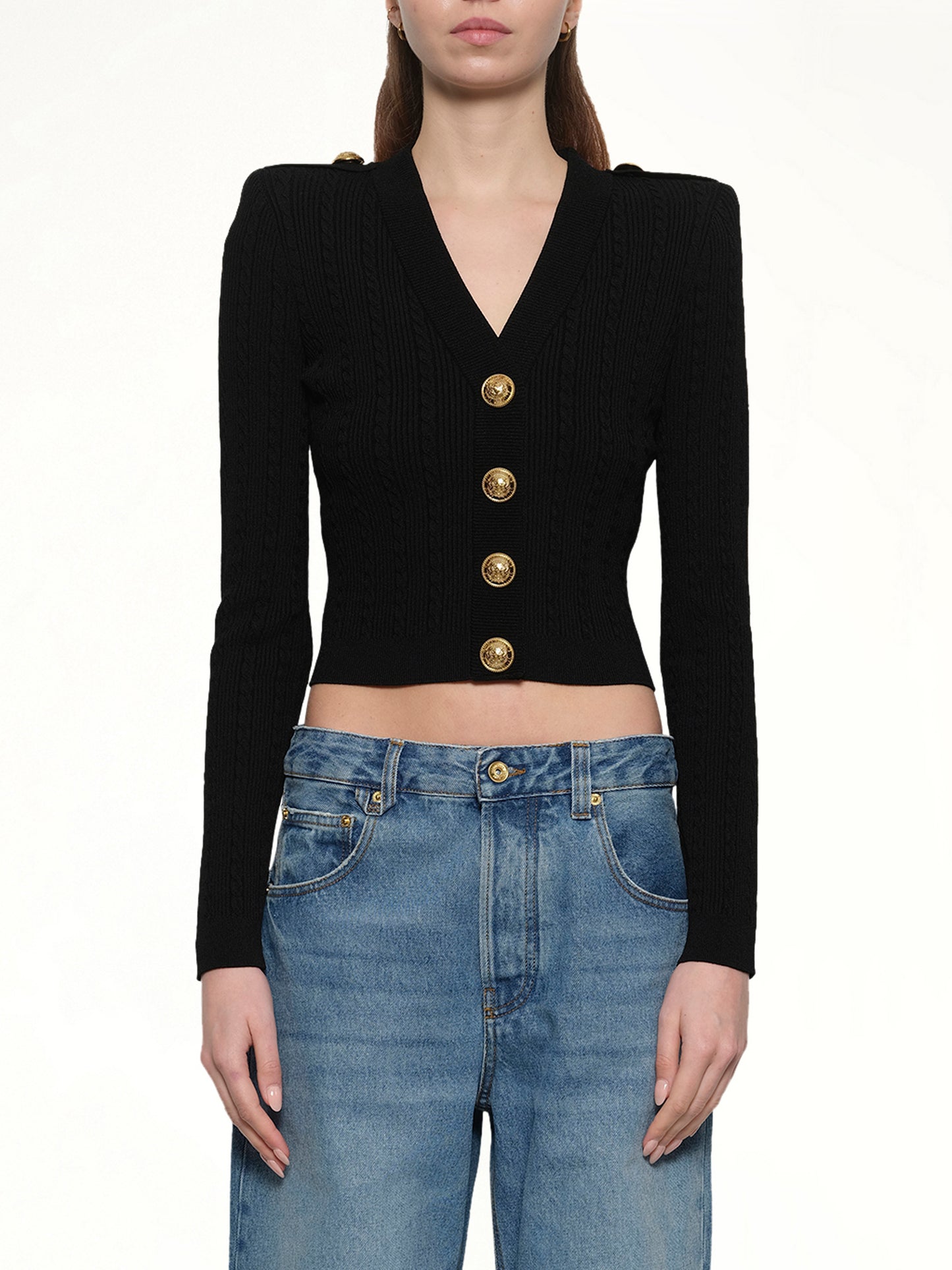 LS Buttoned V-Neck Torsade Knit Cardigan in Black
