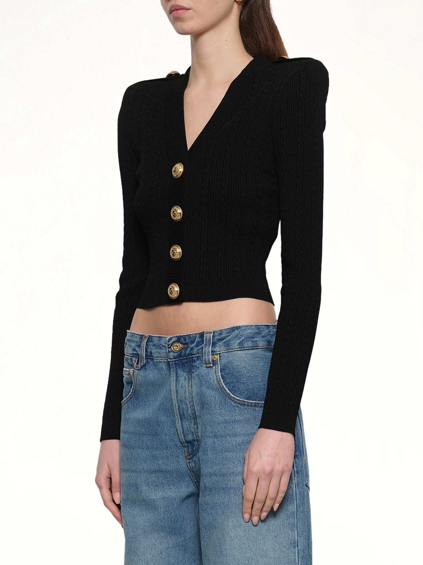 LS Buttoned V-Neck Torsade Knit Cardigan in Black