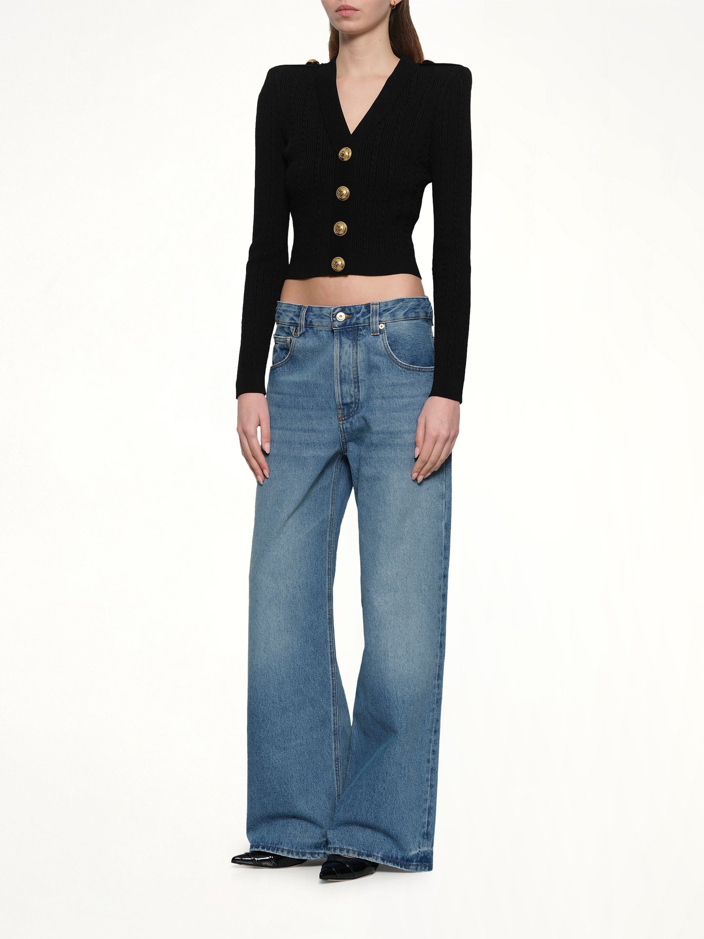 LS Buttoned V-Neck Torsade Knit Cardigan in Black