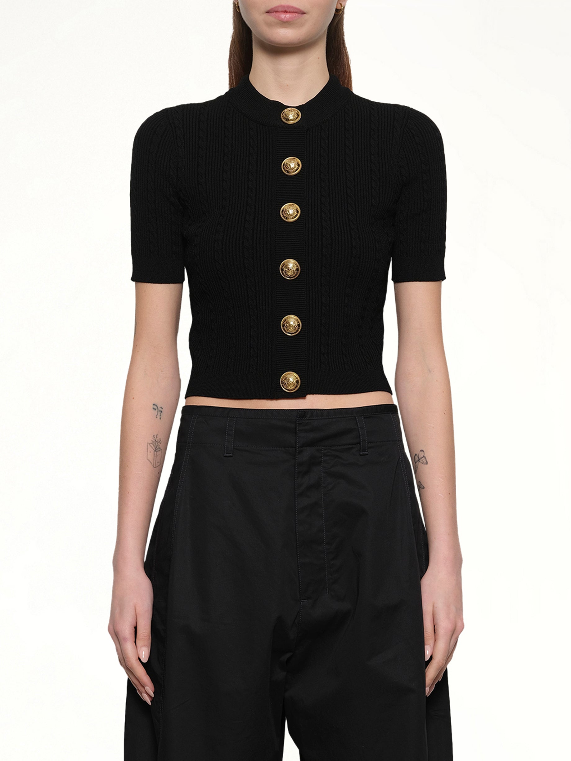 SS Buttoned Torsade Knit Cardigan in Black