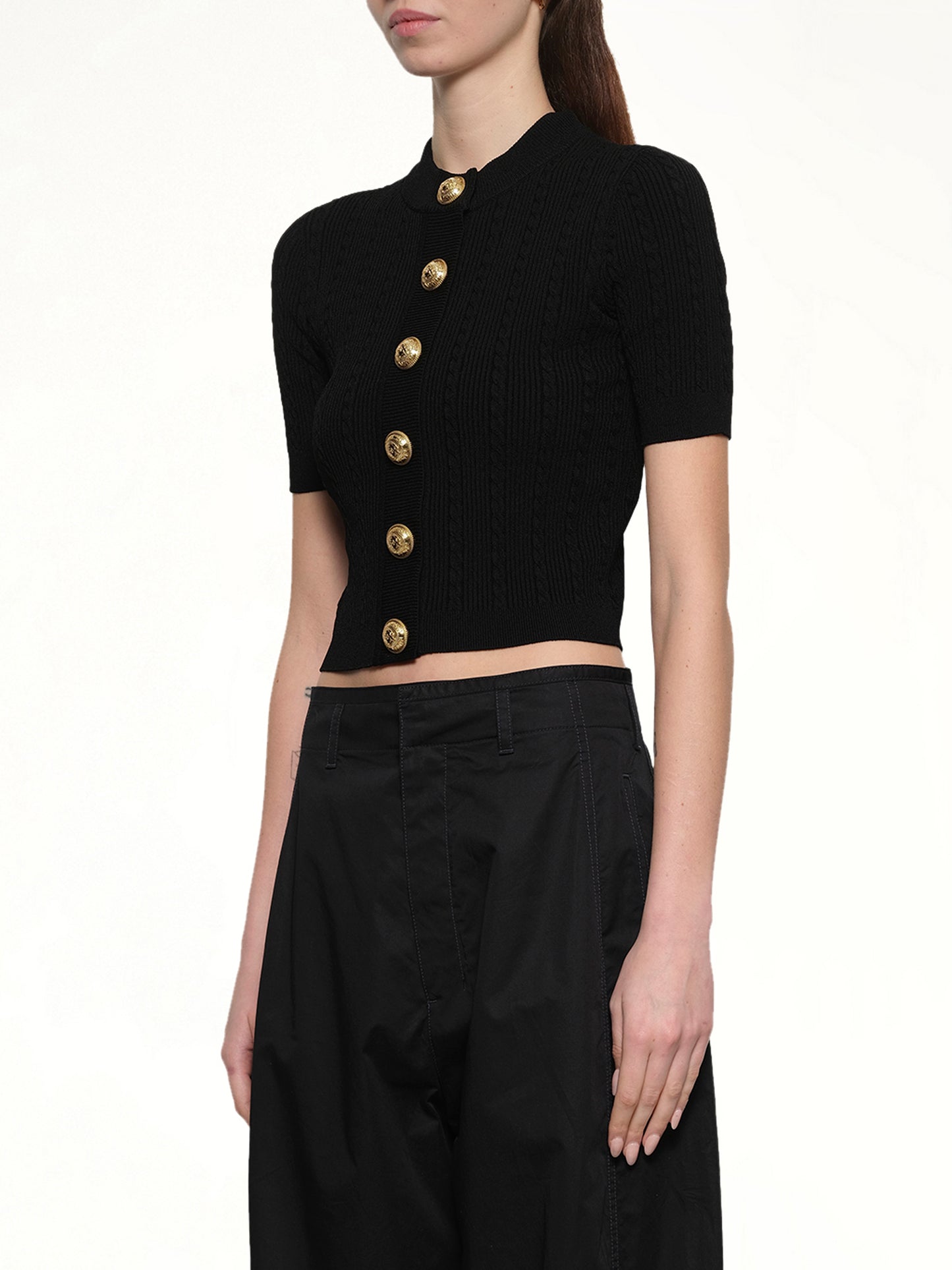 SS Buttoned Torsade Knit Cardigan in Black