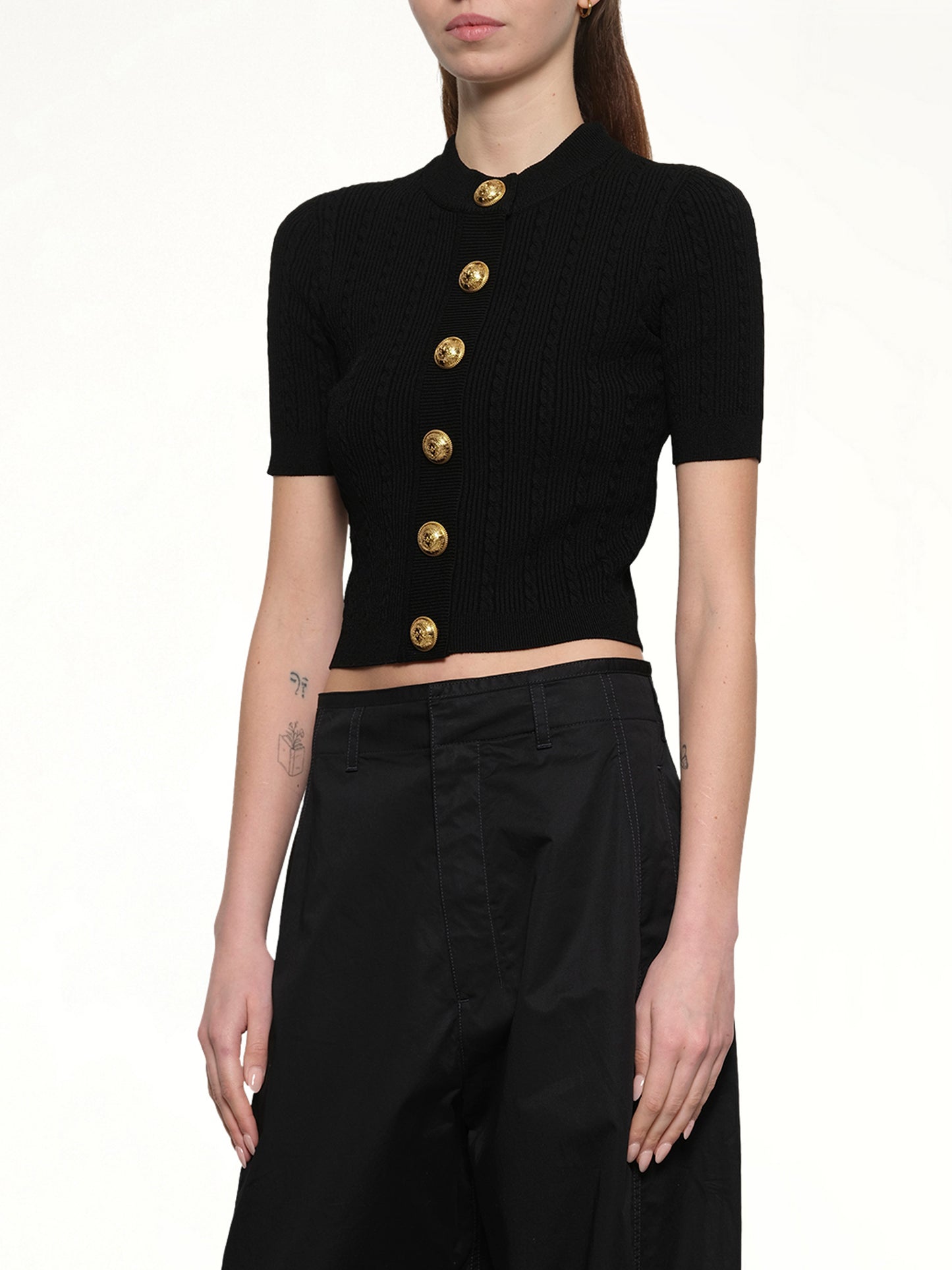 SS Buttoned Torsade Knit Cardigan in Black