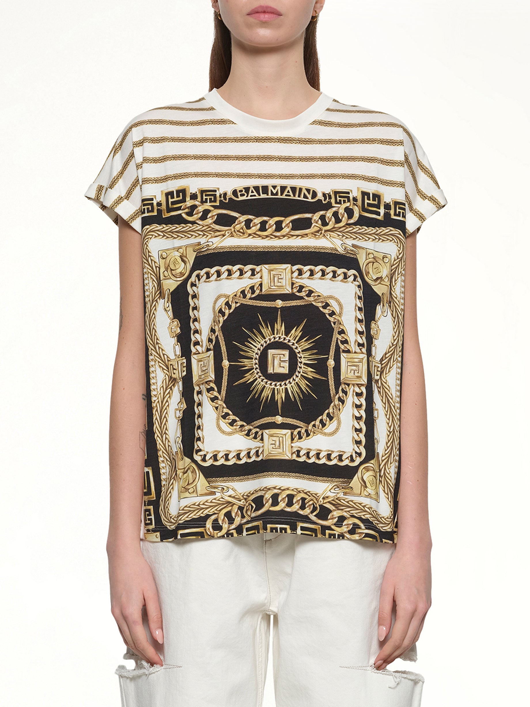 3 BTNS Foulard Print T-Shirt in White/Black/Gold