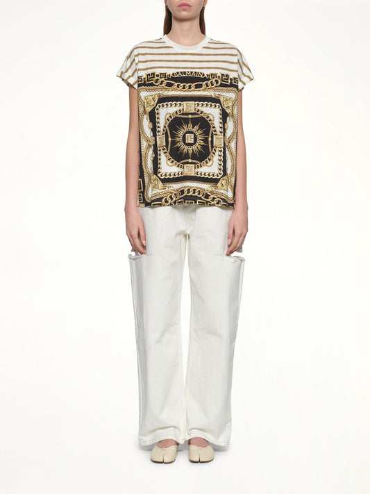 3 BTNS Foulard Print T-Shirt in White/Black/Gold