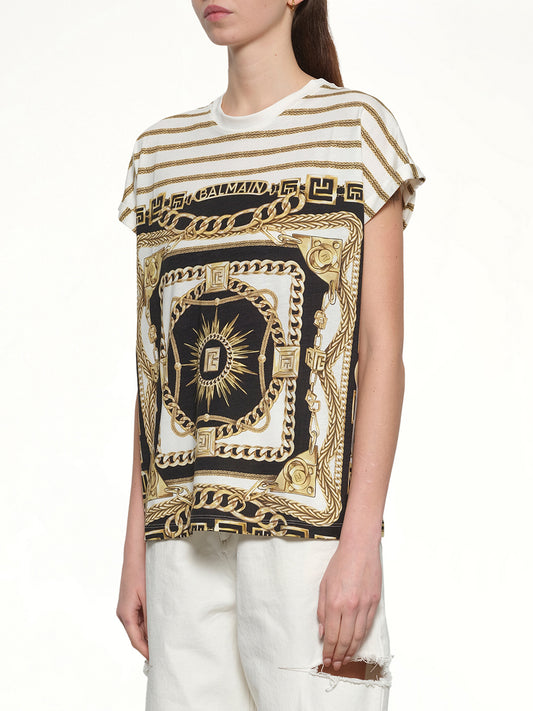 3 BTNS Foulard Print T-Shirt in White/Black/Gold