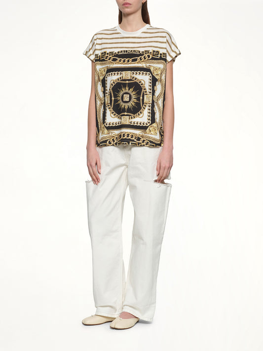 3 BTNS Foulard Print T-Shirt in White/Black/Gold