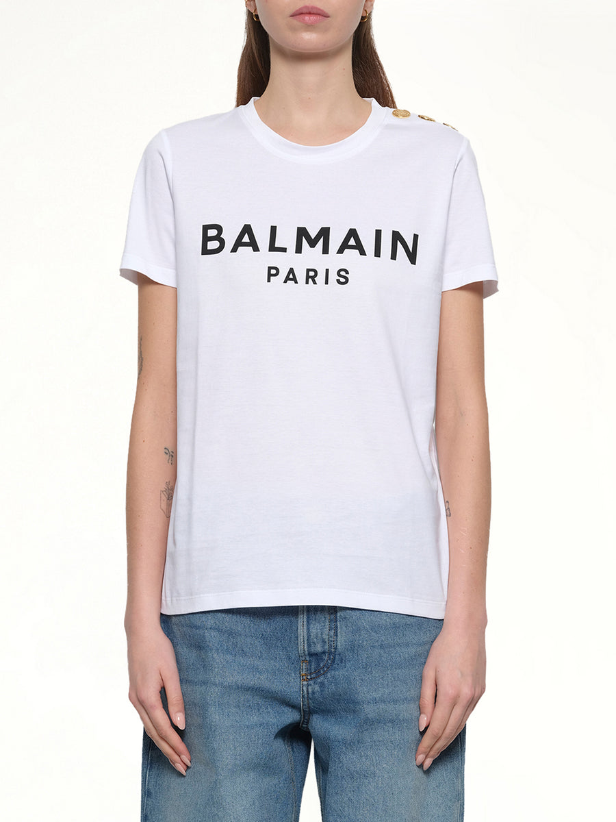 3 Button Printed Logo Classic Fit T-Shirt in White/Black