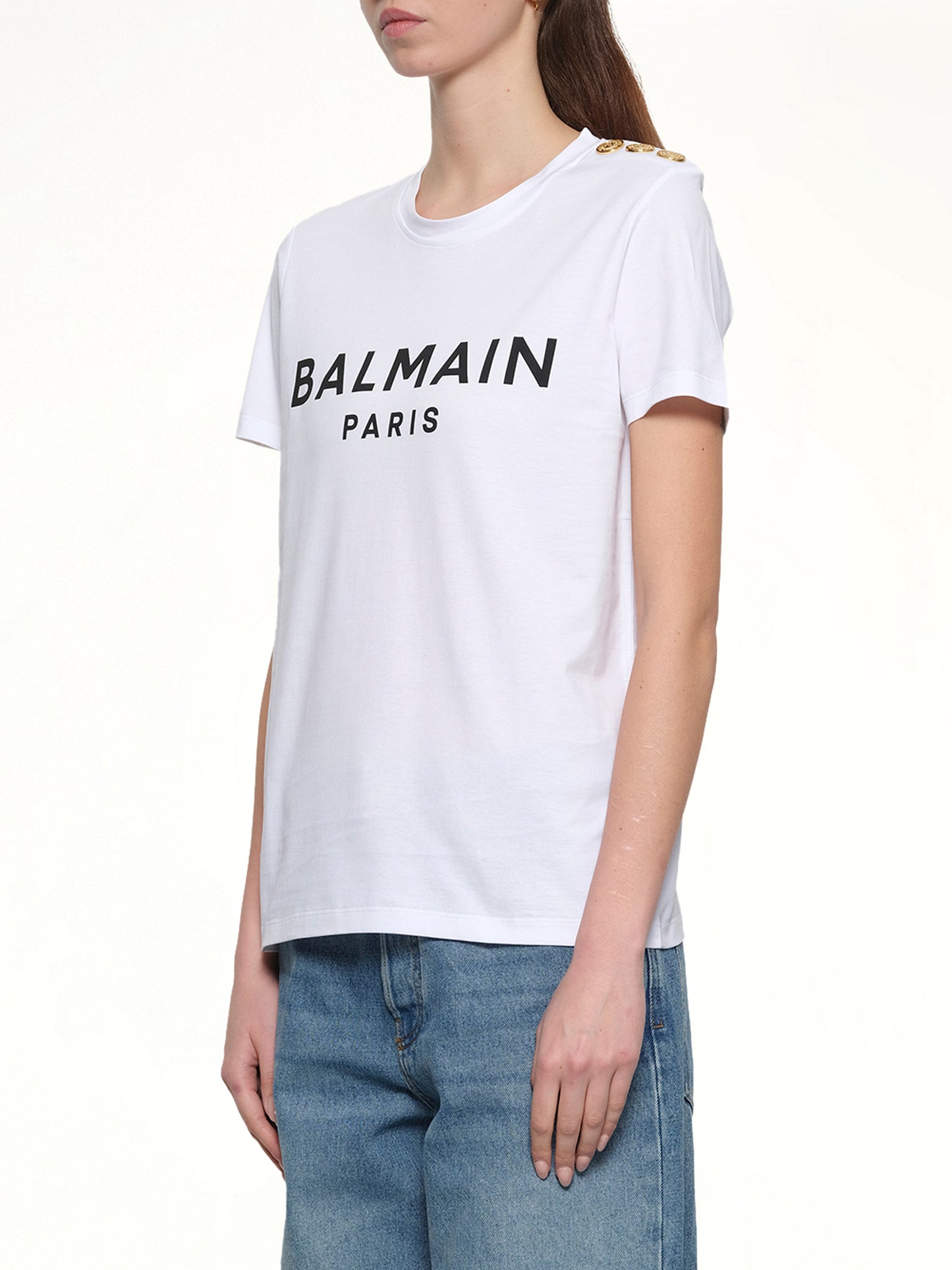 3 Button Printed Logo Classic Fit T-Shirt in White/Black