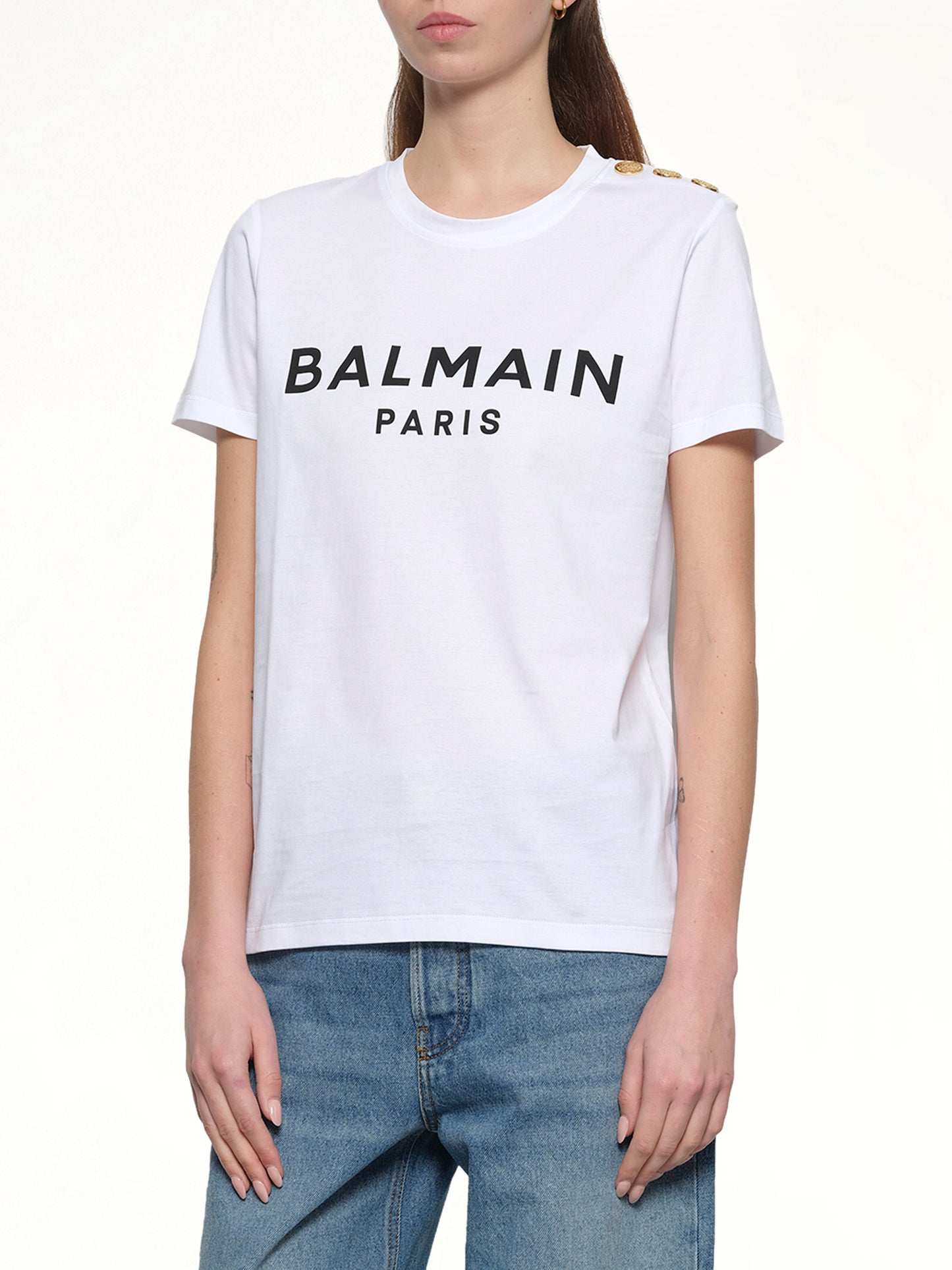 3 Button Printed Logo Classic Fit T-Shirt in White/Black